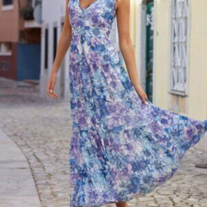 Aster New Label Floral Blue Purple Sleeveless Maxi Dress Size L NWT